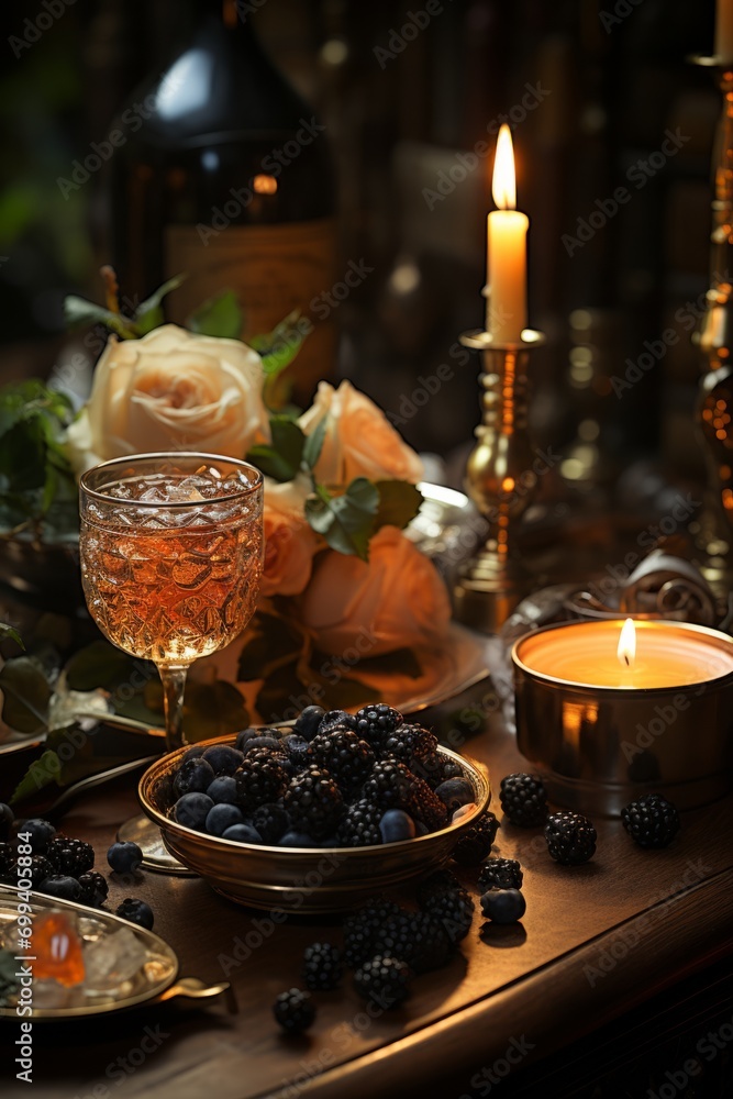 Fototapeta premium Open can of caviar surrounded by candlelight and a romantic ambiance, Generative AI