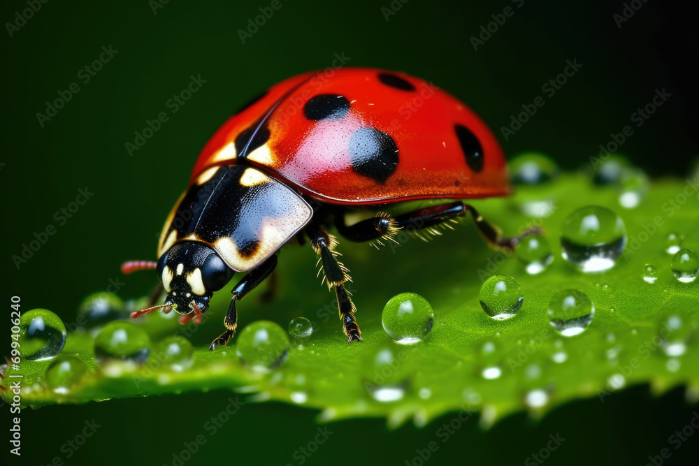 Fototapeta premium Green nature ladybug ladybird red black leaf bugs small insect beetle closeup macro