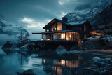 Dark minimalist luxury exterior home near lake with mountains at night. Generative AI.