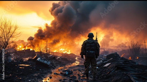 A soldier standing in war area with many explosions nearby. Generative AI.