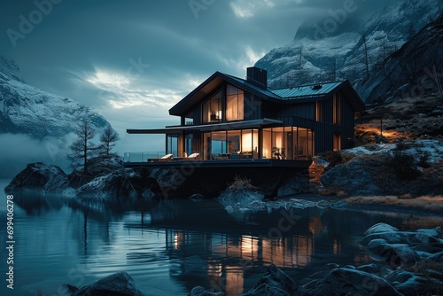 Dark minimalist luxury exterior home near lake with mountains at night. Generative AI. #699406278