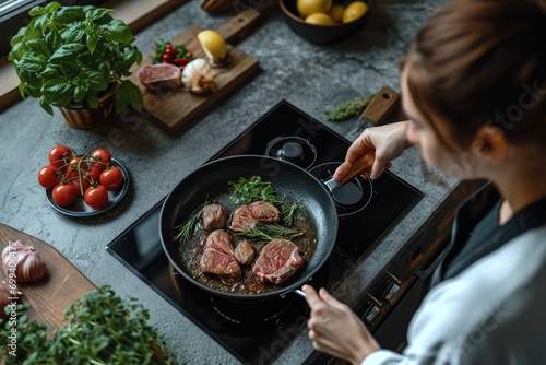 A woman cooking some meat in a pan on an induction stove in a minimalist gray kitchen, Top-angle view. Generative AI. photo