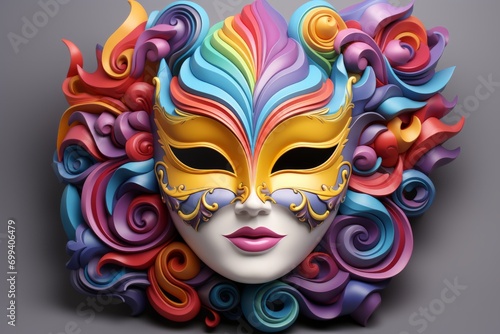 Joyful Carnival Mask, on an isolated Rainbow background, Generative AI