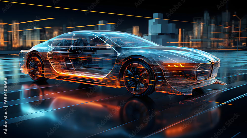 a blueprint concept autonomous car in motion	