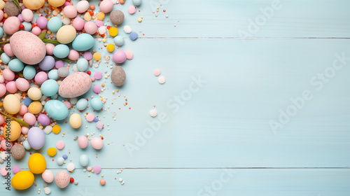 Easter background with easter eggs, candy, pastel colors, room for text on blue wood surface, view from above photo