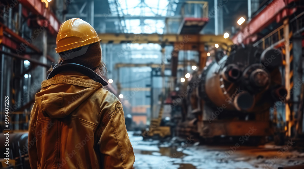 Obraz premium Worker looking at machine in construction industry. Generative AI.