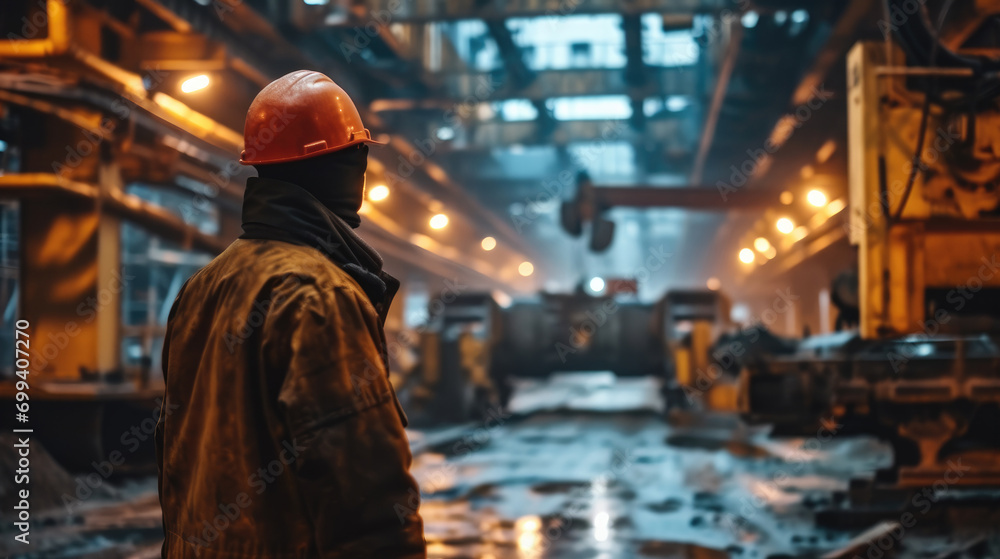 Obraz premium Worker looking at machine in construction industry. Generative AI.