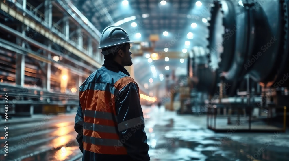 Worker working in Renewable Energy Equipment Plant. Generative AI. Worker working in Renewable Energy Equipment Plant. Generative AI.