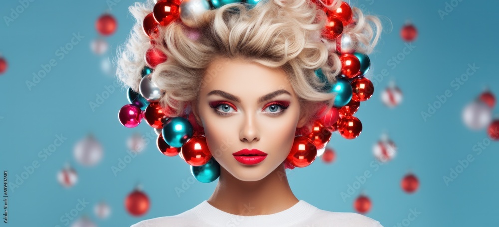 Creative hairstyle with colorful Christmas ornaments on model. Festive fashion and beauty.