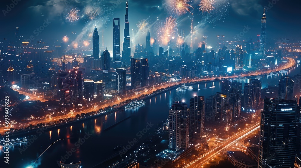 New Year's Eve, 2024, Landscape photos, Fireworks, City, Modern architecture. Generative AI.
