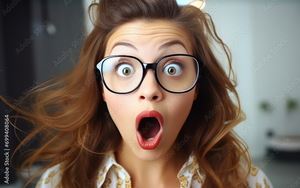 young female college student shocked and wearing eyeglasses young female college student shocked and wearing eyeglasses