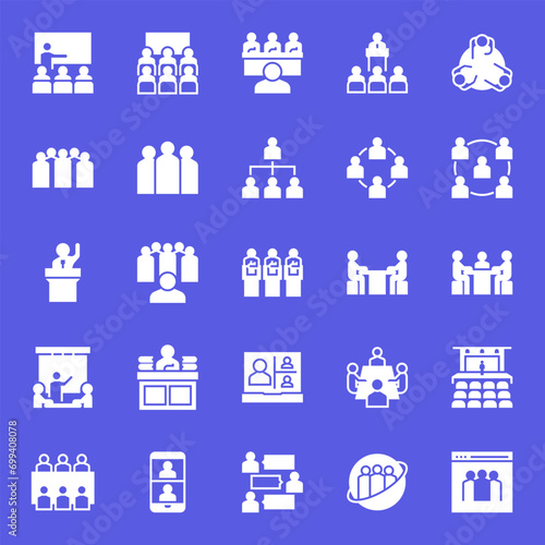 25 forum and class icons in glyph style, including discussion, group, workspace, organization, class, business and more.