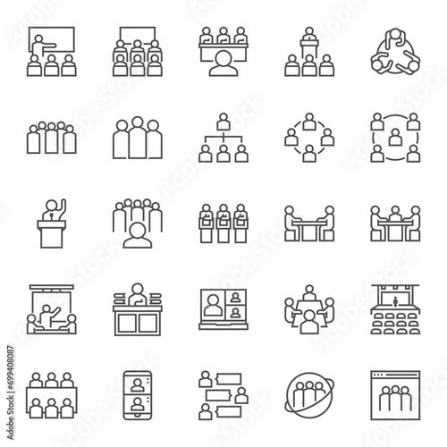 25 forum and class icons in line style, including discussion, group, workspace, organization, class, business and more.