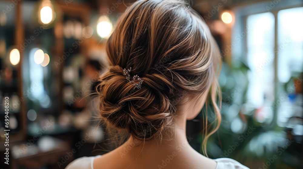 Naklejka premium Woman in hairdresser salon, hair fastened with subtle elegant pin. Generative AI.
