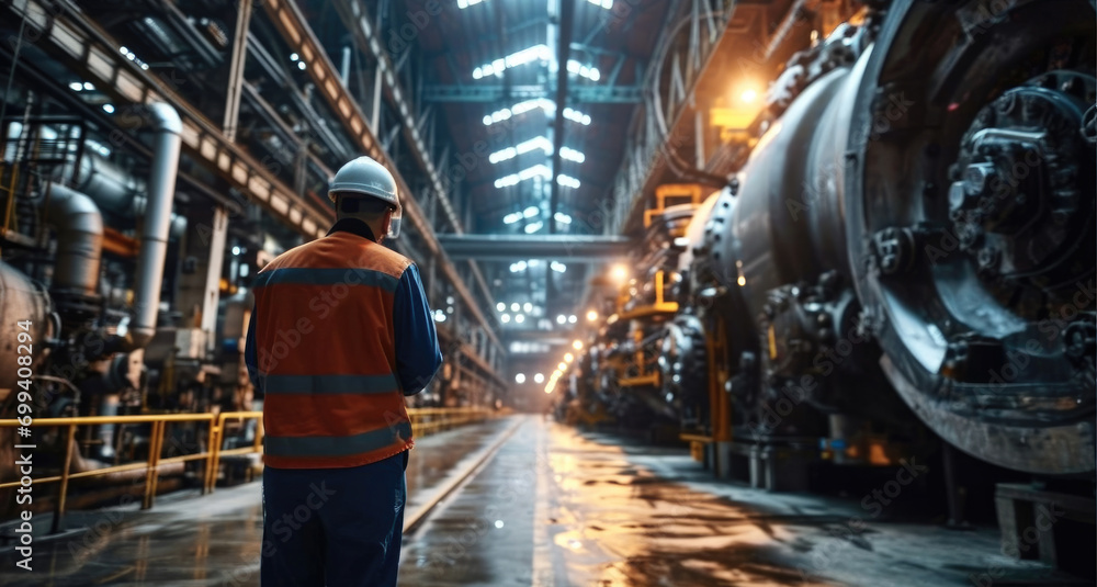 A technician in a hard hat inspecting a large industrial machine with a tablet. Generative AI.