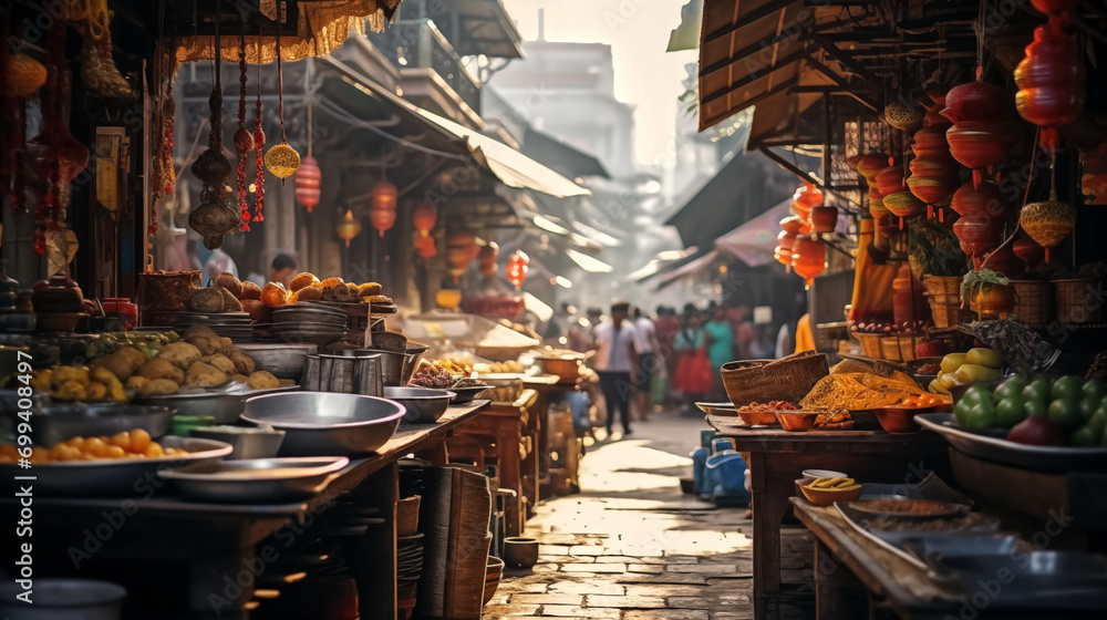 A photo of a bustling marketplace in asian country featuring vib A photo of a bustling marketplace in asian country featuring vib