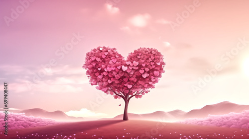 wide banner pink heart shape tree on beautiful landscape with sp