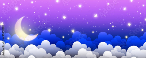 Night purple sky background. Starry dark gradient space. Crescent moon and clouds dreamy scene. Vector cute landscape panorama. Magic midnight illustration