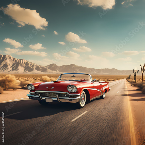 A classic red convertible on a desert highway.