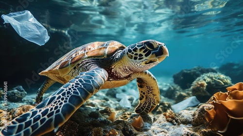 A sea turtle is surrounded by plastic bags under the sea. Generative AI. © visoot