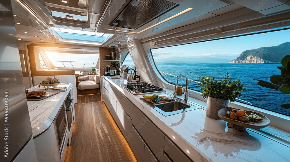 Inside kitchen of modern yacht. Generative AI. Inside kitchen of modern yacht. Generative AI.