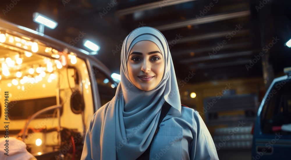 Arabic Female Paramedic Occupation Employment Attractive Backdrop Generative AI Arabic Female Paramedic Occupation Employment Attractive Backdrop Generative AI