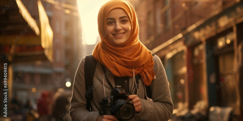 Arabic Woman Photographer Job Career Beautiful Background Generative AI Arabic Woman Photographer Job Career Beautiful Background Generative AI