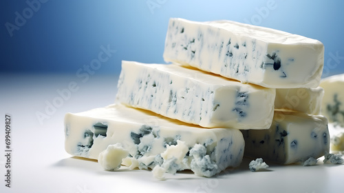 stack of sliced blue cheese on a white background photo