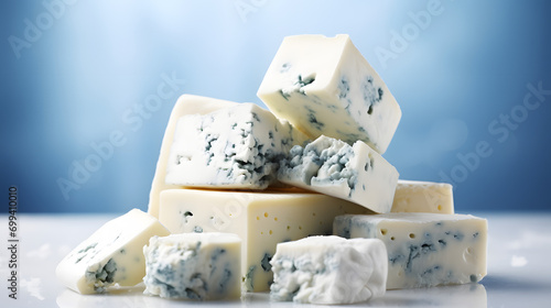stack of sliced blue cheese on a white background photo