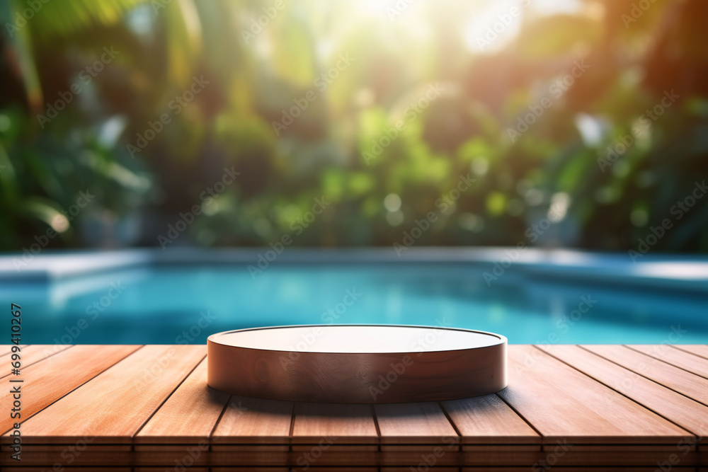 Cylinder podium on wooden floor with blurred swimming pool background. empty podium for your product display Cylinder podium on wooden floor with blurred swimming pool background. empty podium for your product display