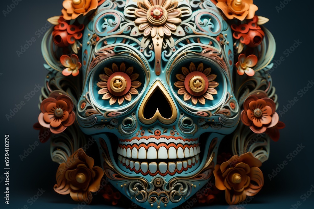 Spooky Day of the Dead Sugar Skull, on an isolated Teal background, Generative AI