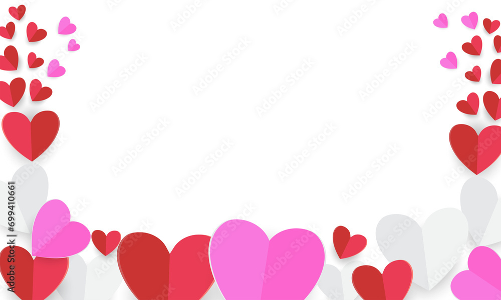 Red heart, pink and white paper cut flying frame to design for Valentine's Day design, Heart Shape of Vector illustration