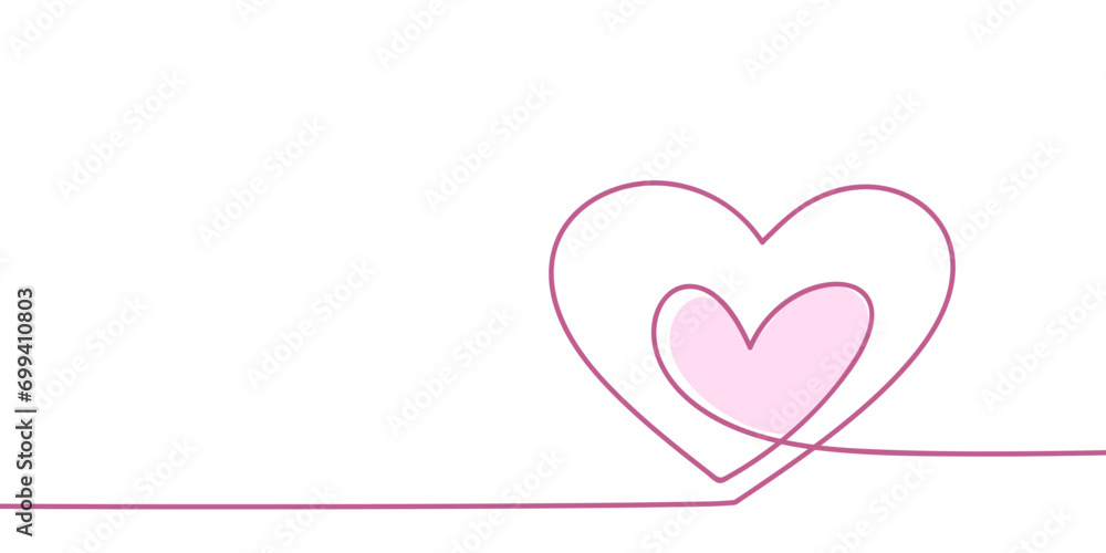One continuous drawing of heart and pink tender heart. romantic symbols in simple linear style. Continuous line of heart perfect for valentine's day, mother's day, for a card or wedding invitation
