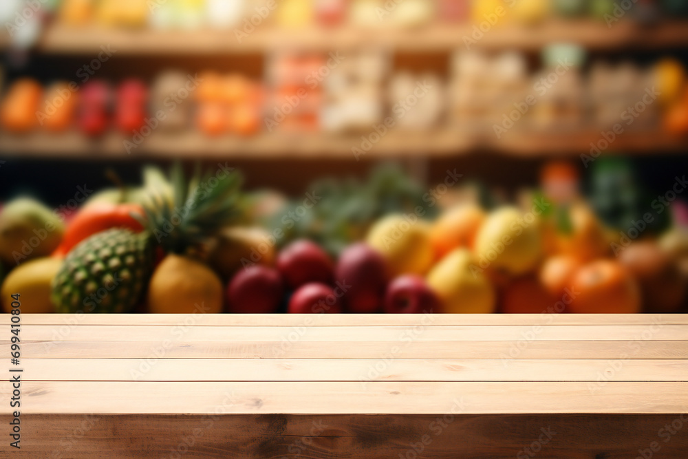 Wooden table top with fruits on blurred supermarket shelves background. Empty table for product display presentation Wooden table top with fruits on blurred supermarket shelves background. Empty table for product display presentation