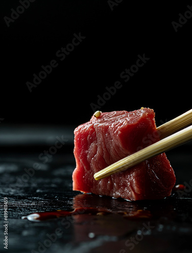 raw beef steak on chopsticks