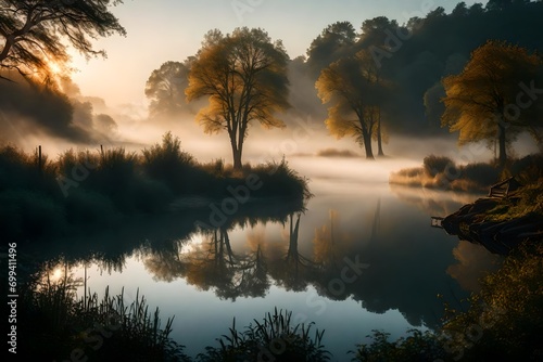 A peaceful riverside scene at sunrise, with fog rolling over the water and the first light of day illuminating the misty landscape