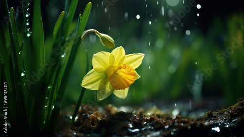 Fototapeta Naklejka Na Ścianę i Meble -  A single daffodil flower blooming in the rain, with water droplets on its petals amidst vibrant green foliage.