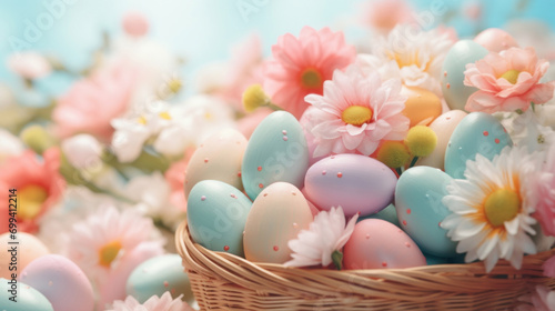 Pastel-colored Easter eggs delicately placed in a wicker basket amongst soft spring flowers.