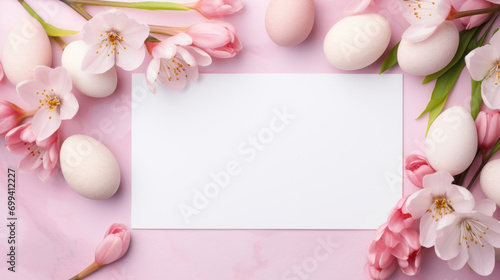 A blank white card enveloped by delicate pink blossoms and white Easter eggs on a pink surface.