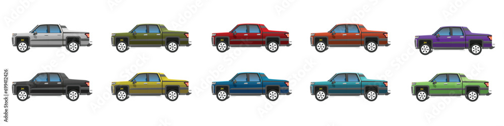 Vector or Illustrator of pickup cars colorful collection. Design of cargo double pickup truck with driving. Colorful cars with separate layers. On isolated white background.