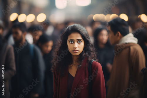 young indian woman standing in big crowd photo