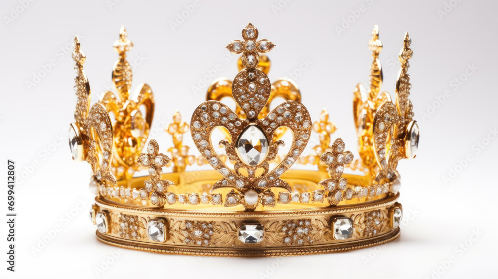 An ornate golden crown studded with sparkling jewels and intricate details, symbolizing royalty and luxury.