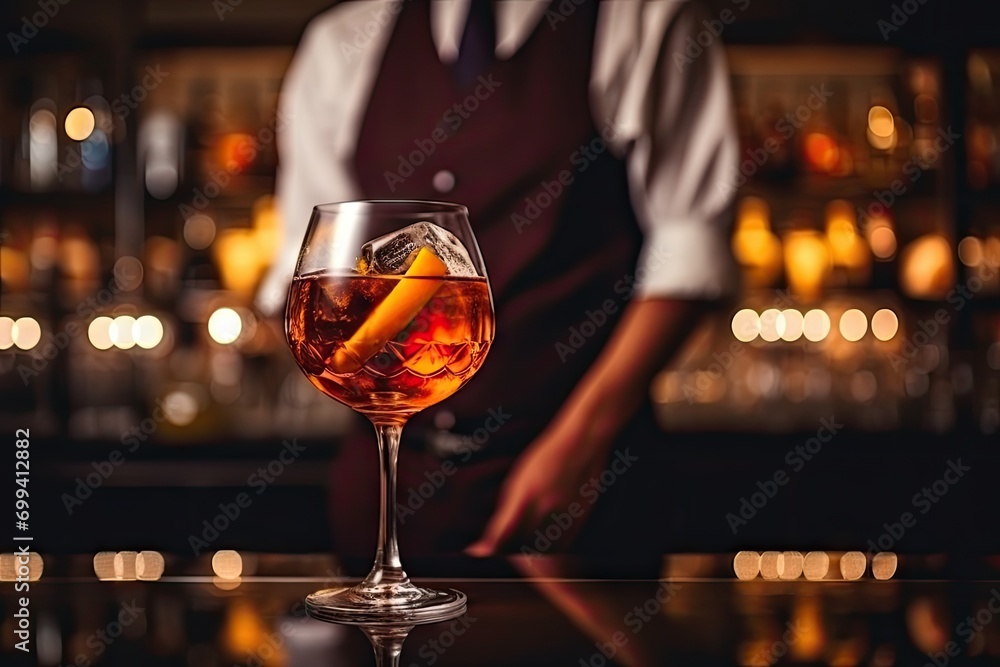Bartender Serving an Aperitif Cocktail at an Elegant Bar