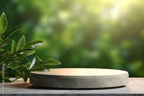 Product Presentation Podium with Green Leaves and Blurred Background
