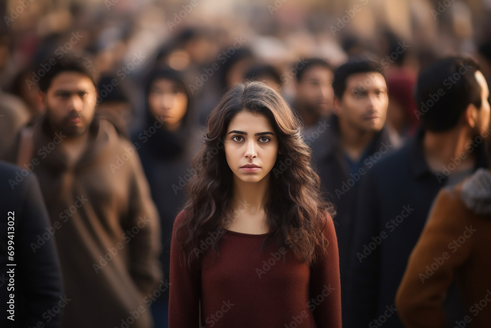 young indian woman standing in big crowd