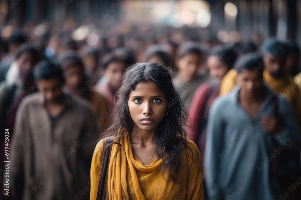 young indian woman standing in big crowd young indian woman standing in big crowd