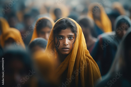 young indian woman standing in big crowd