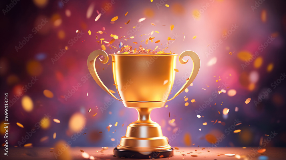 A stunning golden trophy overflows with sparkling confetti, set against a vivid background, epitomizing a grand celebration. A stunning golden trophy overflows with sparkling confetti, set against a vivid background, epitomizing a grand celebration.