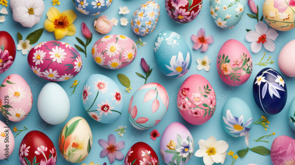 A vibrant collection of Easter eggs with intricate floral patterns, set against a striking blue background, celebrating the festive spirit of spring.