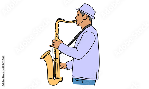 line art color of Man playing the trumpet instrument